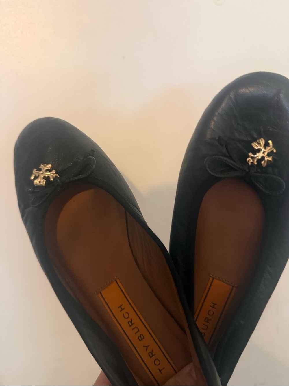 Tory Burch Black Leather Ballet Flats with Gold Logo